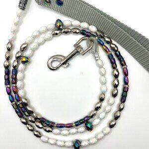 Boujee Beaded Dog Leash - Dark Opalescence & White, Silver Beads - Handmade